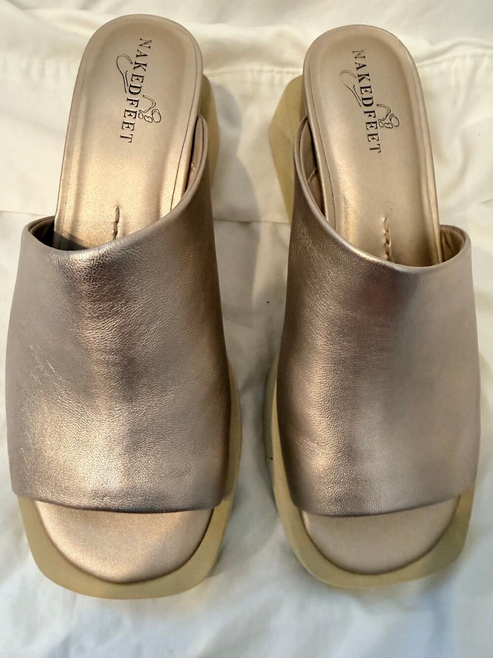 Naked Feet Infinity Platform Mule Leather Slide Sandals Bronze Gold Size 7